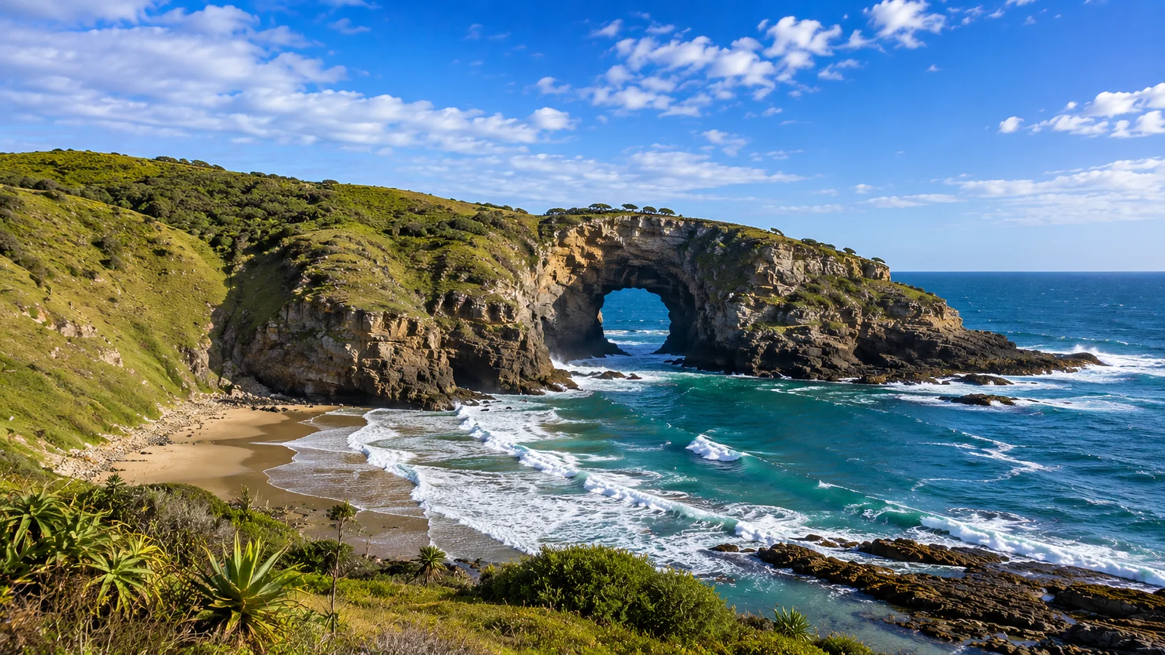 Hole in the Wall sea arch and Wild Coast shoreline in the Eastern Cape