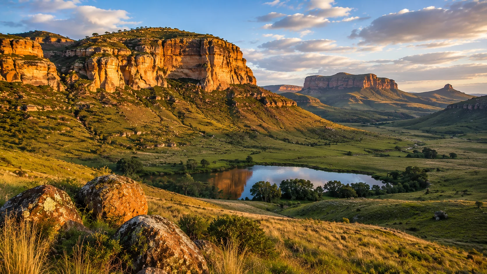 Golden sandstone cliffs and highland scenery in the Free State