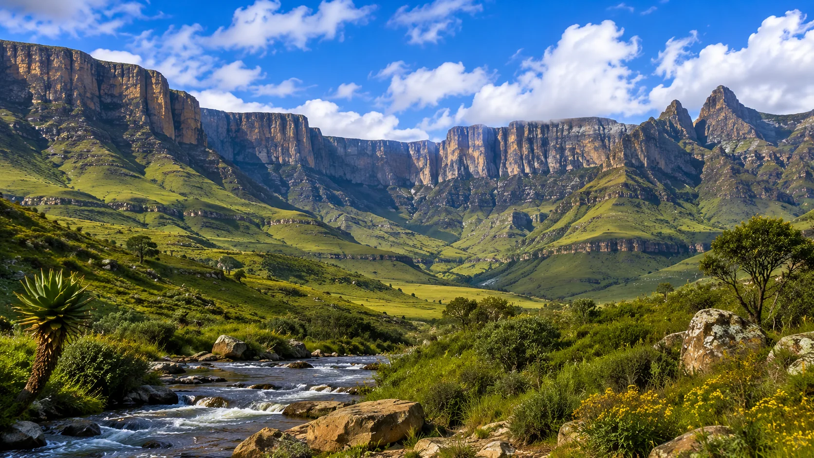 Drakensberg Amphitheatre with green valleys and mountain scenery in KwaZulu-Natal