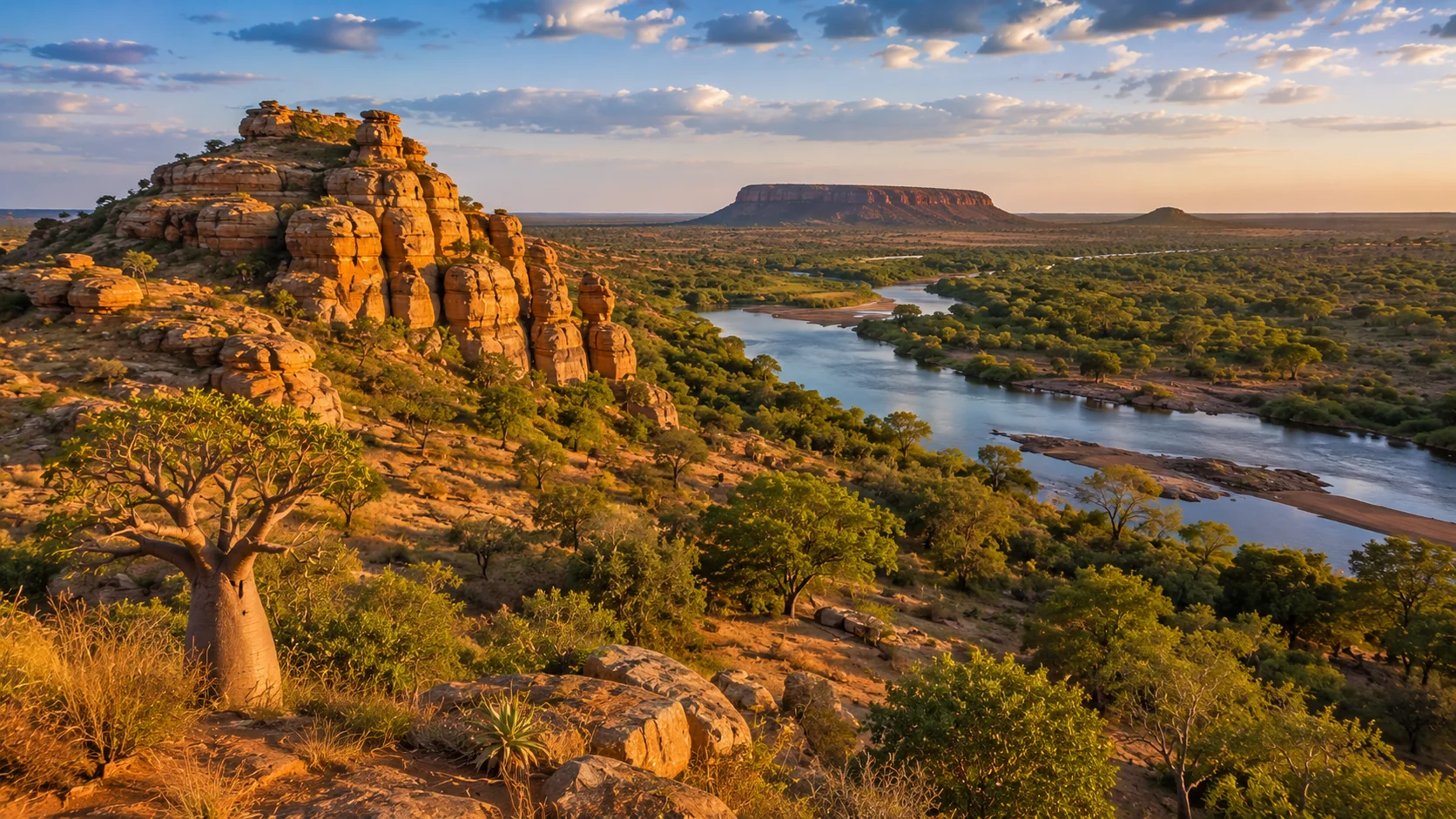 Sandstone formations, baobab and river landscape inspired by Mapungubwe in Limpopo