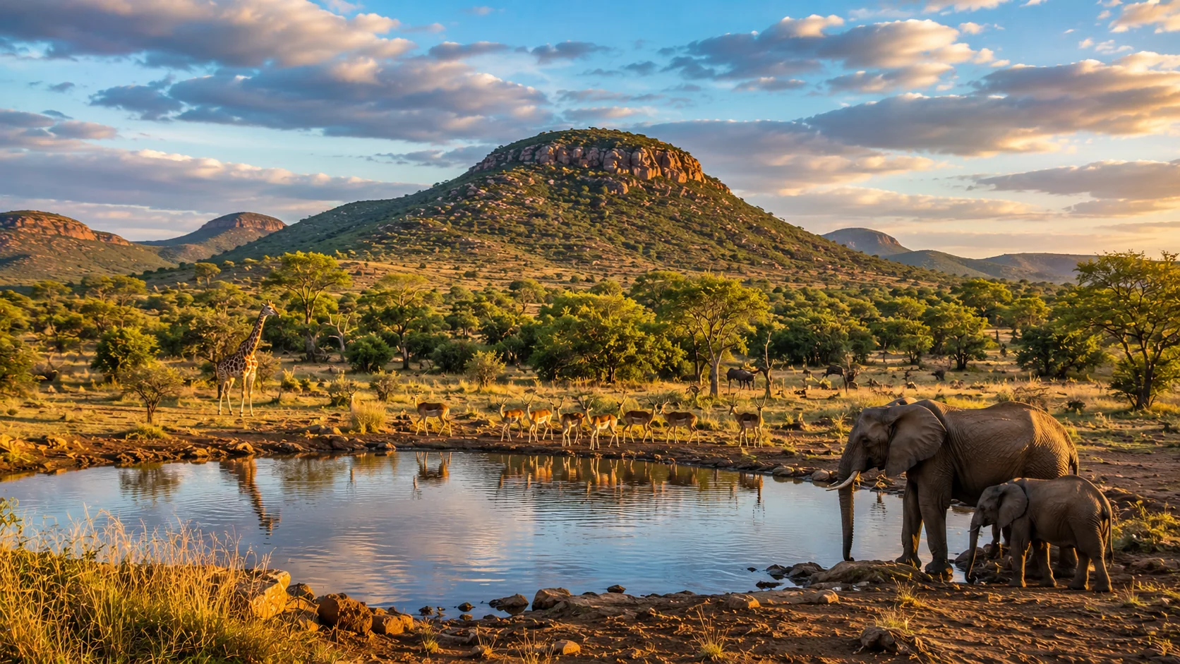 Pilanesberg bushveld, wildlife and volcanic hills in North West